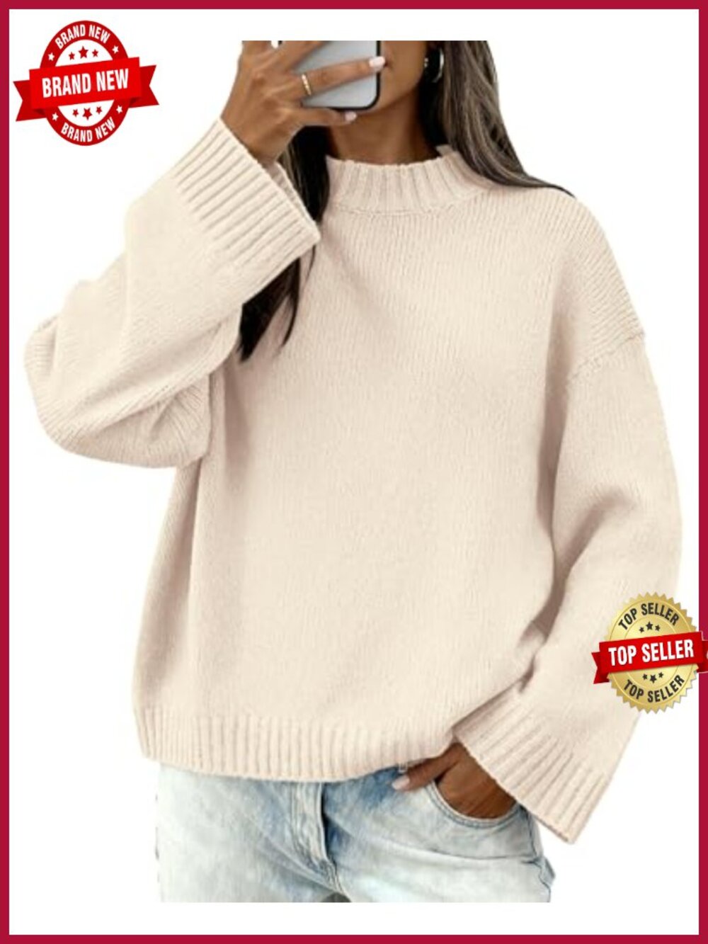 Womens Crewneck Loose Fit Knit Pullover Sweater Long Sleeve Ribbed